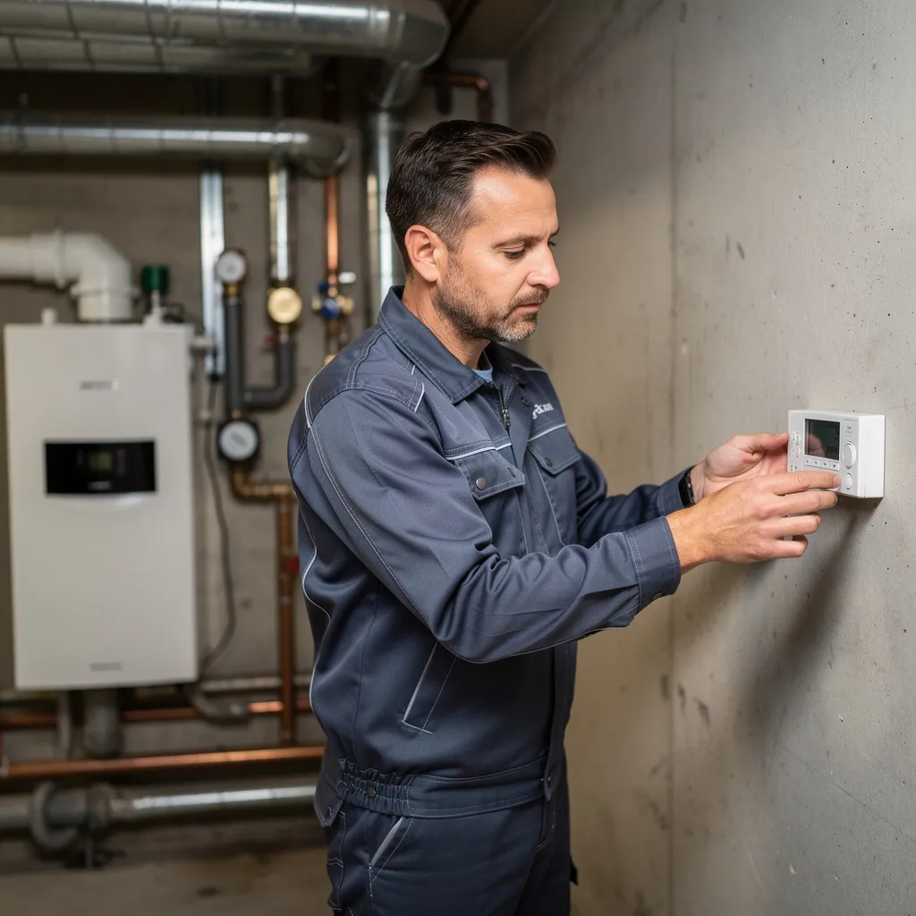Techniker prüft Hausanlage im Keller